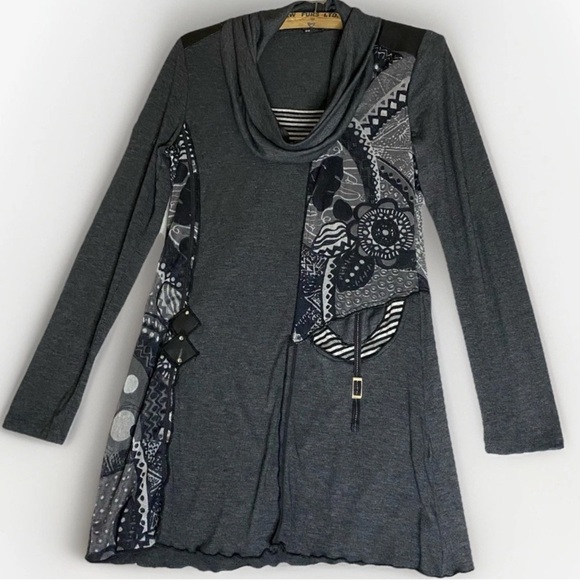 Vex Collection Patchwork Artsy Abstract Floral Cowl Neck Grey Dress Soft Sz 38 - Picture 1 of 9